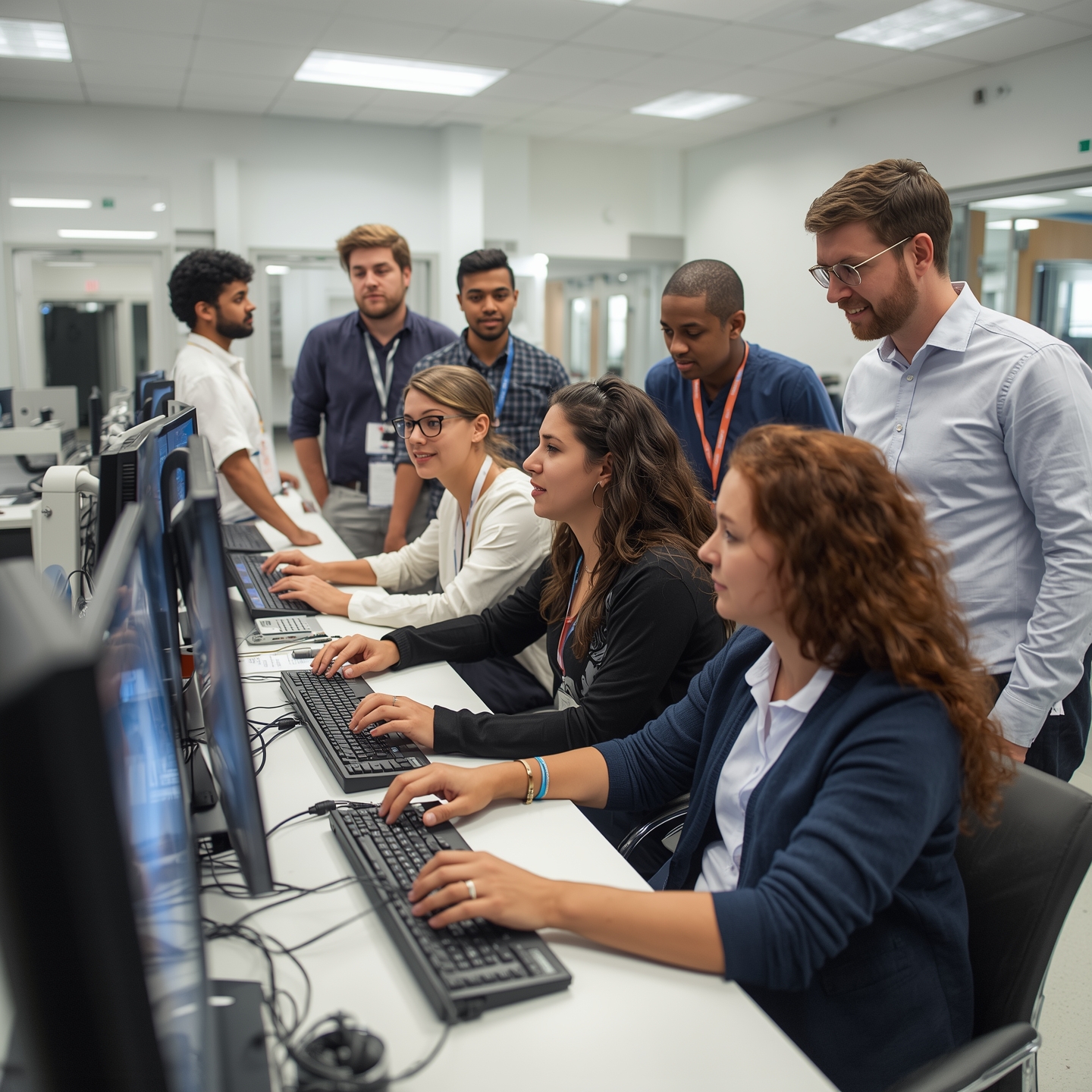 Diverse group of students learning neurodiagnostic technology in a modern lab, guided by an instructor during hands-on EEG training.