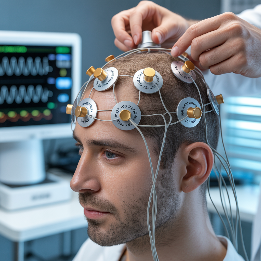 Technologist placing EEG electrodes on a patient’s scalp using the 10–20 international system for neurodiagnostic brain monitoring.